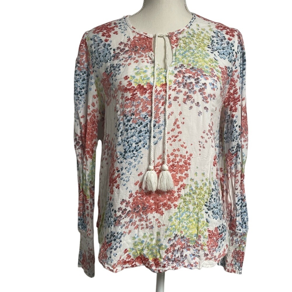 Lucky Brand Watercolor Peasant Rayon Tassle Tie Front‎ Blouse Womens Large